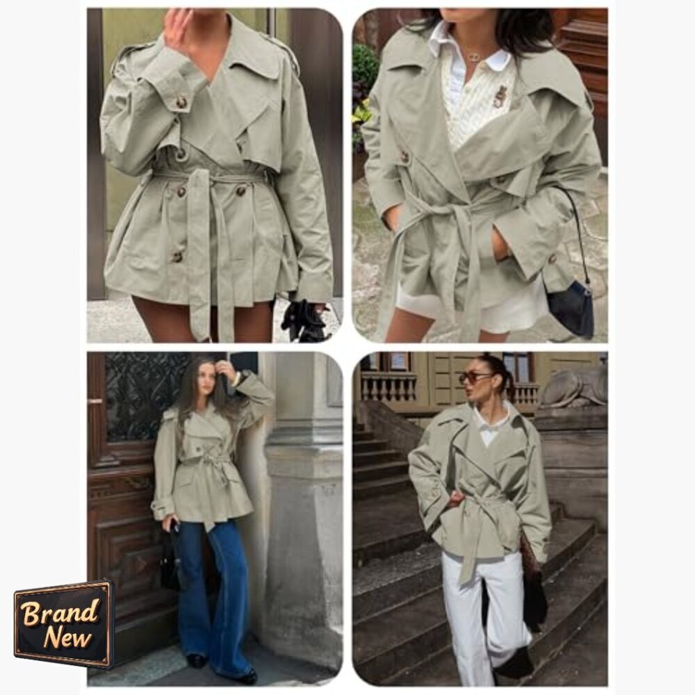 Cropped Trench Coat Women's Double Breasted Belted Jacket Cotton Mid-Length - Picture 4 of 7